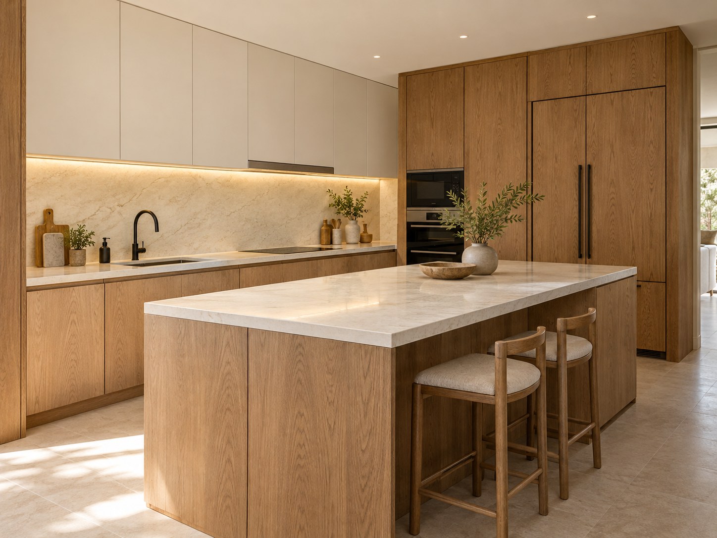 Cocina de madera de roble con isla y barra, representación conceptual de un proyecto a medida