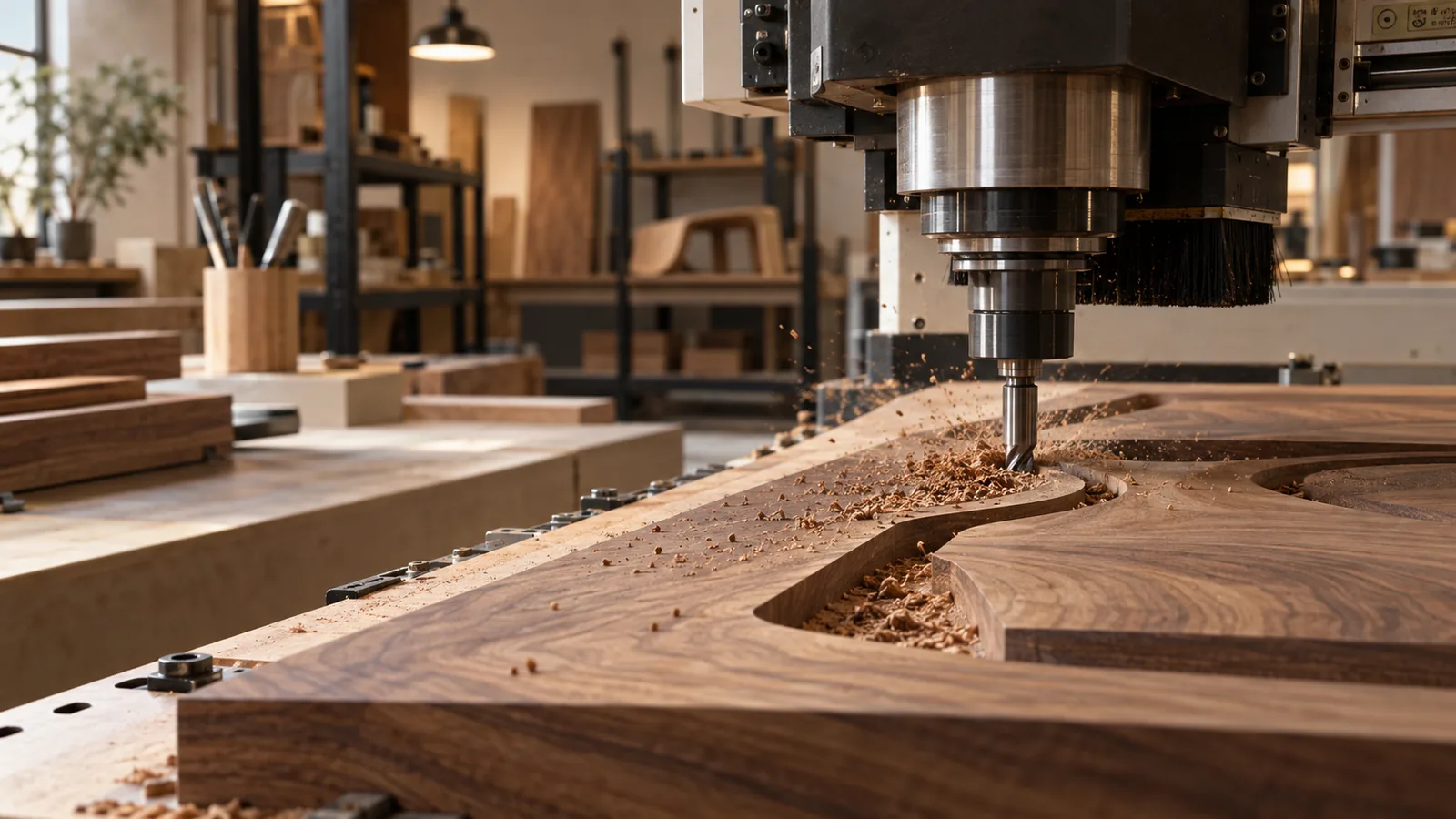Representación conceptual de fabricación CNC de una pieza de madera en el taller AZ86