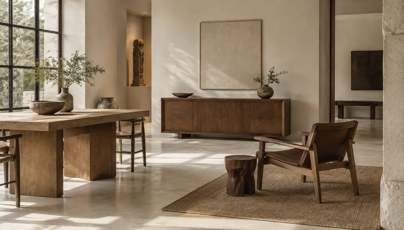 Ambiente interior con mesa, credenza y sillón de madera maciza en tonos cálidos